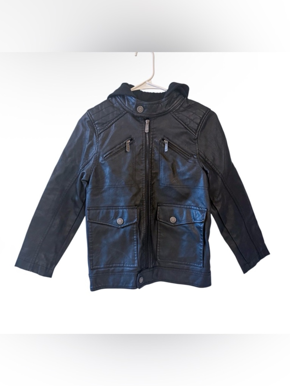 Boys Urban Republic Size 8 Black Faux Leather Moto Zip Hoodie Jacket Streetwear